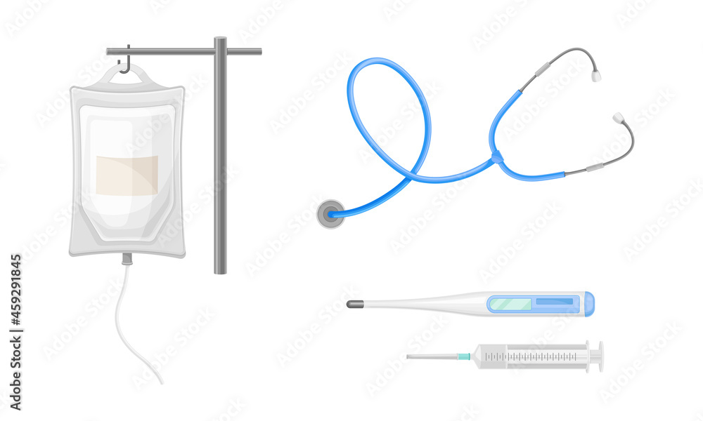 Set of different medical tools. Dropper, thermometer, stethoscope, syringe vector illustration Set of different medical tools. Dropper, thermometer, stethoscope, syringe vector illustration
