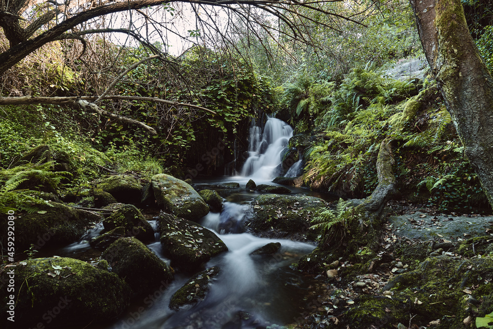 Mountain river waterfall landscape. Waterfall forest mossy rocks Mountain river waterfall landscape. Waterfall forest mossy rocks