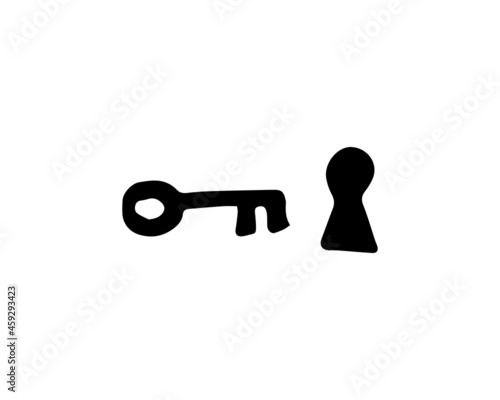 a keyhole and its key to open the locked goods. set of vector illustrations of a hand-drawn drawing for graphic elements.