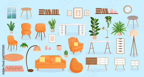 Set of furniture for the bedroom, hallway, living room, office. Collection of items for the interior of an apartment, office, home. Vector illustration in flat cartoon style. Housing elements. © Irina Anashkevich