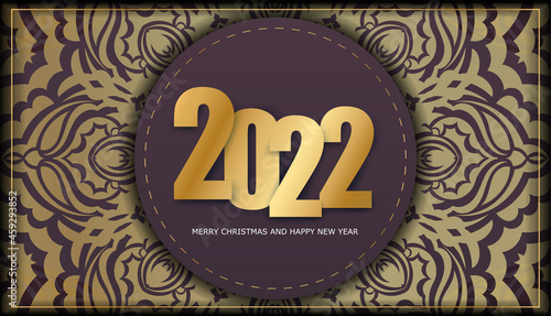 Brochure template 2022 Merry christmas and Happy new year burgundy color with luxury gold ornament