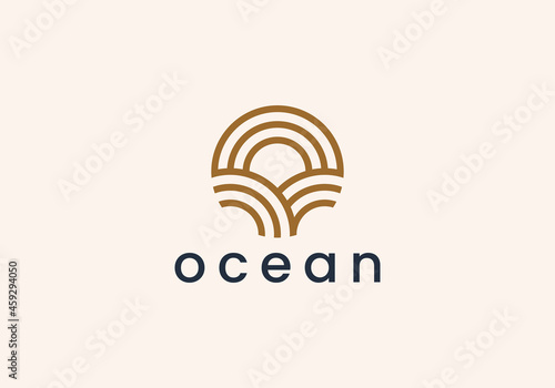 Ocean Sun Wave line outline Logo Design Template