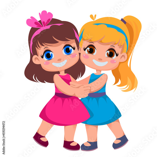 Girlfriends hug. Children s friendship. Vector illustration in cartoon style. Two beauty sisters in beautiful dresses