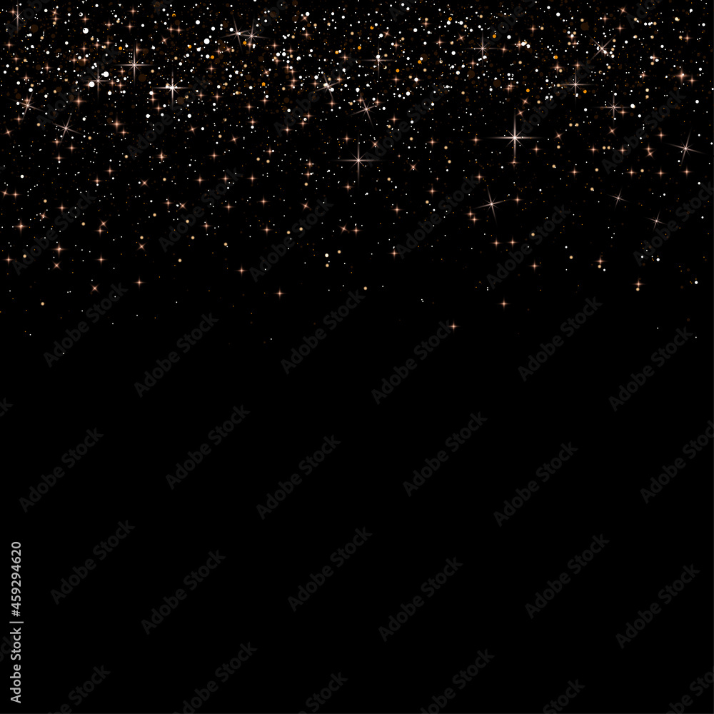 Brilliant background with golden glitter. Golden dust on the black background. Abstract festive backdrop with falling sparkles. Vector illustration.