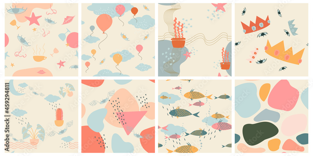 Obraz Hand drawn various shapes theme vector seamless pattern. Contemporary abstract modern trendy vector illustrations. Pastel colors. vector