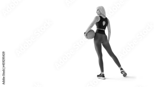 Black and white portrait of relaxed female bodybuilder with fitness ball. Slim and fit, young and healthy body shape. Athletic girl turned her back. Copy space. Isolated on white background © USM Photography