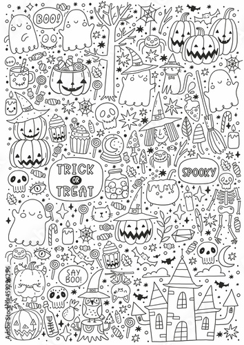Trick or Treat coloring page. Halloween coloring page for kids. Cartoon big coloring poster in doodle style. Cute witch  ghost  castle  pumpkin  bat  zombie  mummy  cat