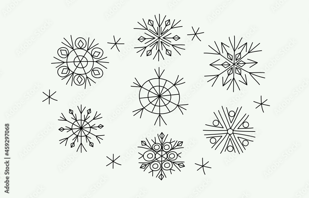 Set of Doodle Snowflakes. New Year's Christmas decor. Winter vector illustration. Black outline on a white isolated background.