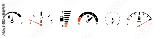 Fuel gauge scale and fuel meter. Fuel indicator. Gas tank gauge. Speedometer, tachometer, indicator icons. Performance measurement. White background. Vector illustration. EPS 10
