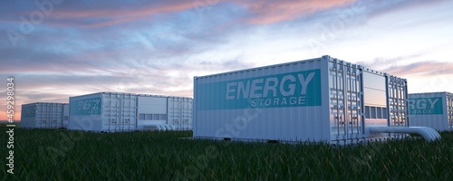 Renewable energy storage. Sunset in the background. 