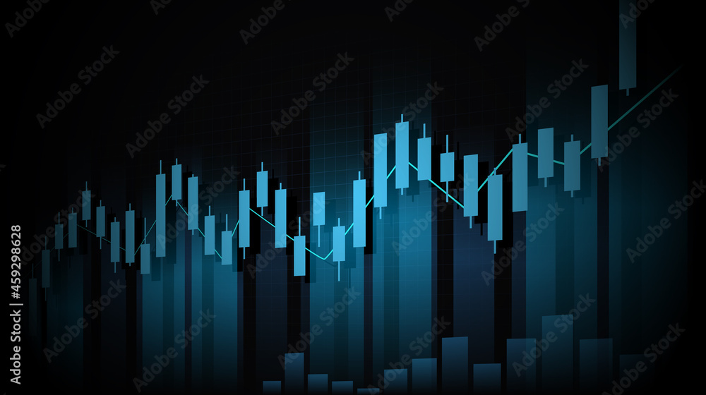 Financial graph with up trend line candlestick chart in stock market on blue color background Financial graph with up trend line candlestick chart in stock market on blue color background