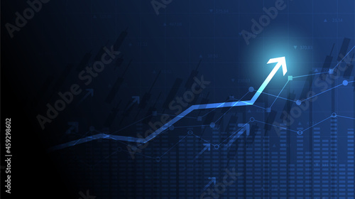 Financial chart with moving up arrow graph in stock market on blue color background