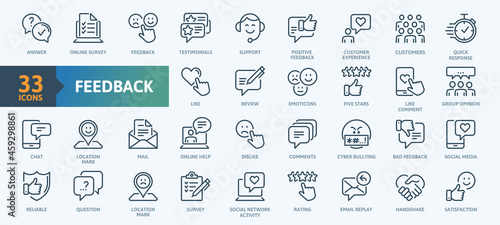 Feedback Outline Icon Collection. Thin Line Set contains such Icons as Rating, Testimonials, Quick Response, Satisfaction and more. Simple web icons set.