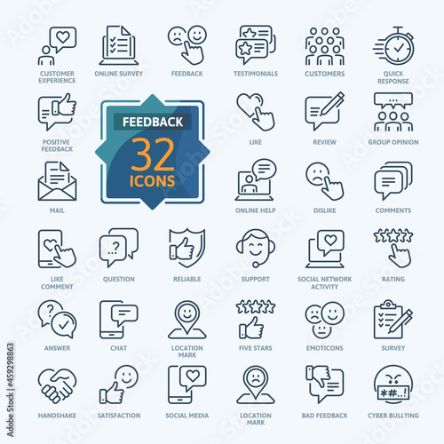 Feedback Outline Icon Collection. Thin Line Set contains such Icons as Rating, Testimonials, Quick Response, Satisfaction and more. Simple web icons set.