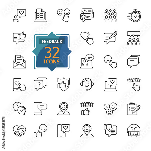 Feedback Outline Icon Collection. Thin Line Set contains such Icons as Rating, Testimonials, Quick Response, Satisfaction and more. Simple web icons set.
