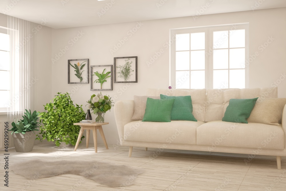 Fototapeta premium Soft color living room with sofa. Scandinavian interior design. 3D illustration