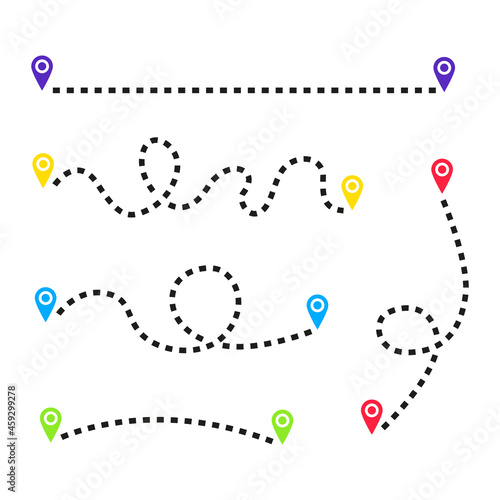 Conjunto de icono de ruta. Concepto de ubicación, punto de partida y llegada, destino. Mapa. Ilustración vectorial, diferentes estilos de ruta de colores