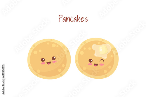 Cute smiling happy pancakes with butter. Kawaii bakery characters. Vector cartoon food illustration isolated on white background. Use for children breakfast, menu, fabric print, greeting card.