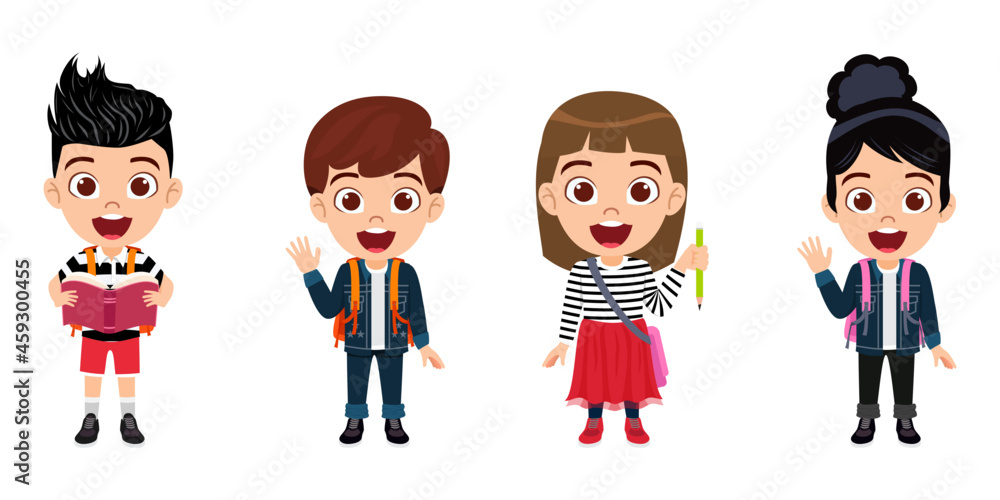 Happy cute kid boy and girl characters holding and wearing schoolbag and pencil isolated on white background Happy cute kid boy and girl characters holding and wearing schoolbag and pencil isolated on white background