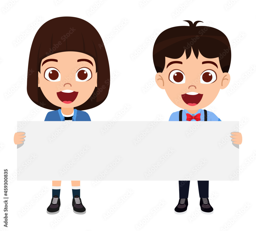Happy cute kid boy and girl characters holding placard together isolated Happy cute kid boy and girl characters holding placard together isolated