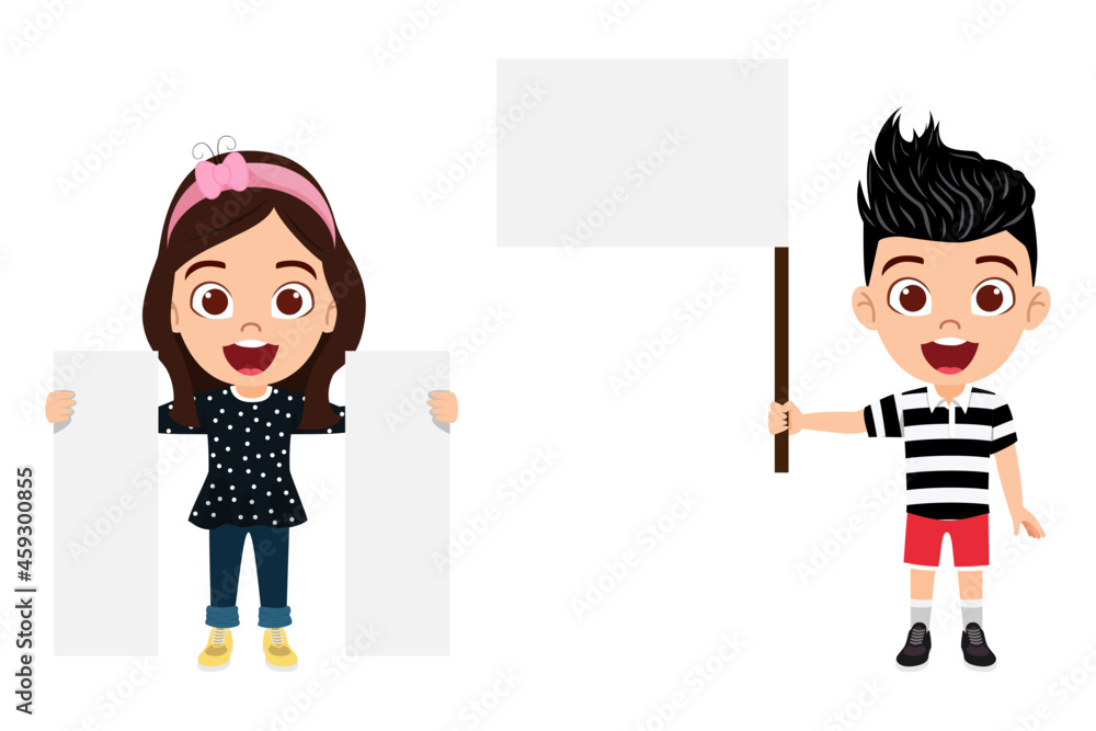 Happy cute kid boy and girl characters holding placard together isolated in different size Happy cute kid boy and girl characters holding placard together isolated in different size