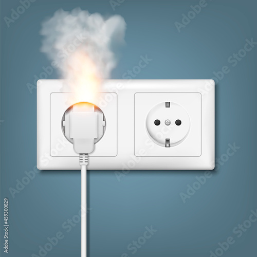 Fire wiring. Realistic socket and plug on fire from overload. Electrical safety concept. Short circuit electrical circuit. Vector illustration.