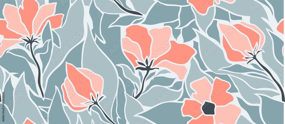 Foto auf Acrylglas mit Nahtloses Muster der tropischen Blätter und der Blume. #459301045