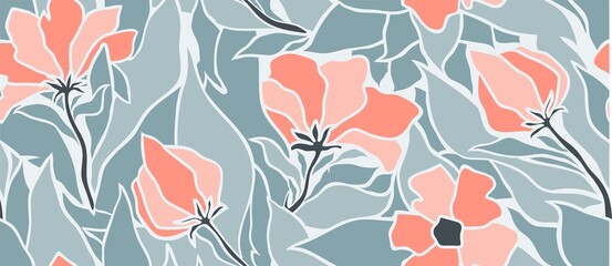 Papier peint photo Pastel patrons Feuilles fleurs tropicales motif exotique  © andin