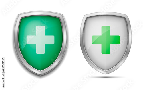 Medical health protection shield with cross. Healthcare medicine protected steel guard shield concept. Vector illustration.