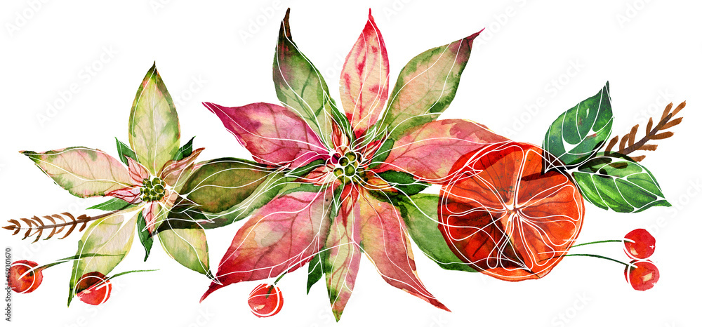 Fototapeta premium Christmas watercolor border with ale and red berry