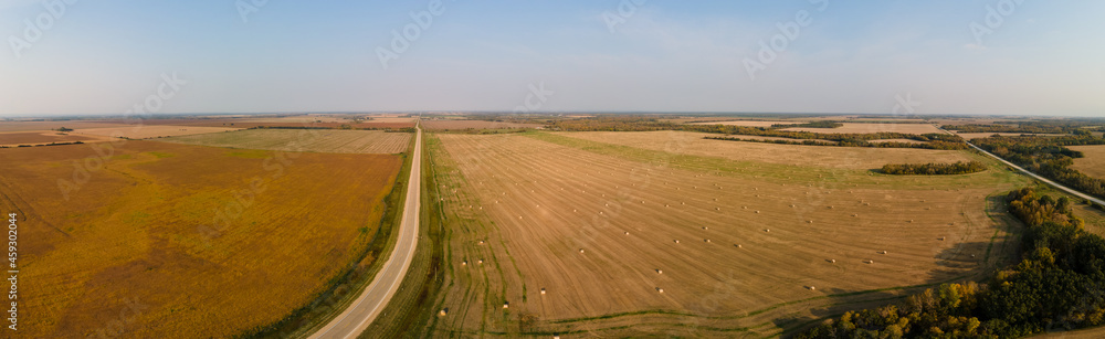 Aerial panorama of a flat prairie in autumn with harvested and unharvested fields and a road disappearing into the distance.
