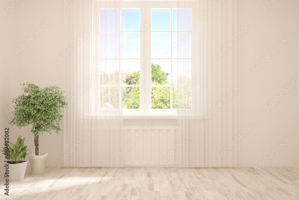 White empty room with summer landscape in window. Scandinavian interior design. 3D illustration White empty room with summer landscape in window. Scandinavian interior design. 3D illustration