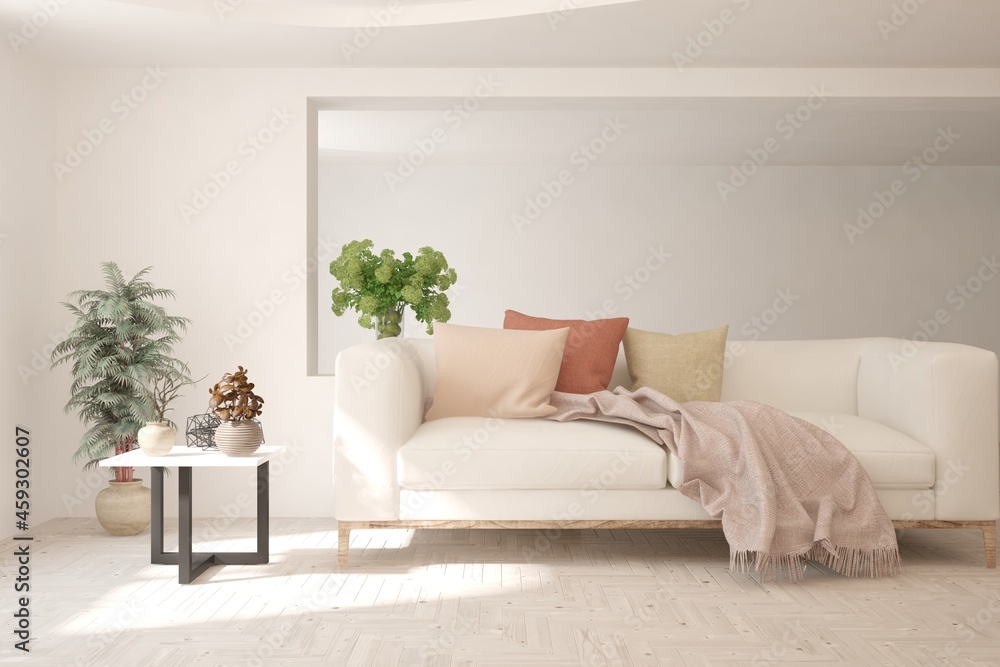 Fototapeta premium White living room with sofa. Scandinavian interior design. 3D illustration