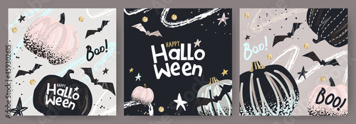 Happy Halloween Set of banners, greeting cards, posters, holiday covers. Trendy design with typography, hand painted dots, strokes, pumpkins and bats, in pastel colors. Modern art minimalist style.