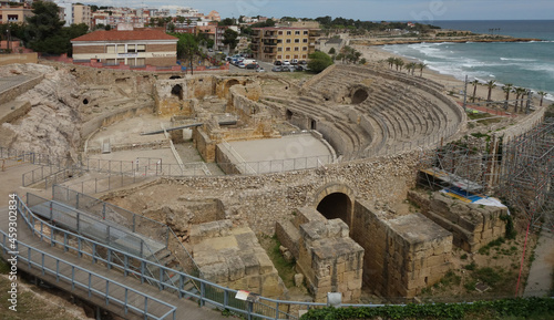 The Roman amphitheater of Tarragona on the shores of the Mediterranean Sea, Tarragona,  Catalonia, Spain
