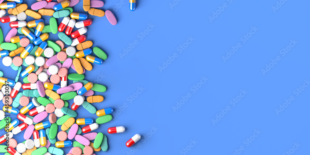 Medicine tablets and capsules on blue background. Health care concept. Copy space. 3D illustration.
