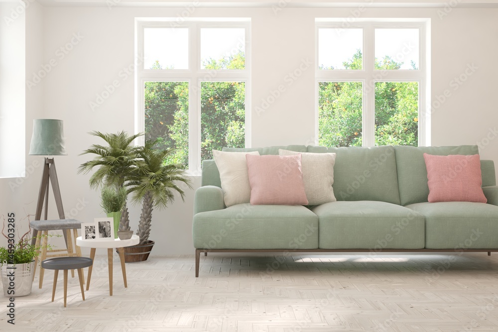 White living room with sofa and summer landscape in window. Scandinavian interior design. 3D illustration White living room with sofa and summer landscape in window. Scandinavian interior design. 3D illustration