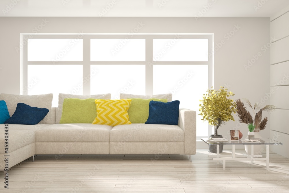 Modern living room in white color with sofa. Scandinavian interior design. 3D illustration Modern living room in white color with sofa. Scandinavian interior design. 3D illustration