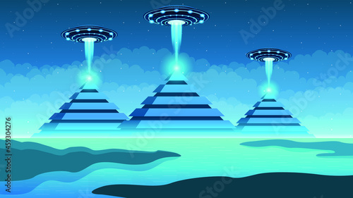 Abstract Aliens On Flying Saucers In Dark Space Pyramids Background Gradient Unidentified Flying Object Ufo Stars Vector Design Style