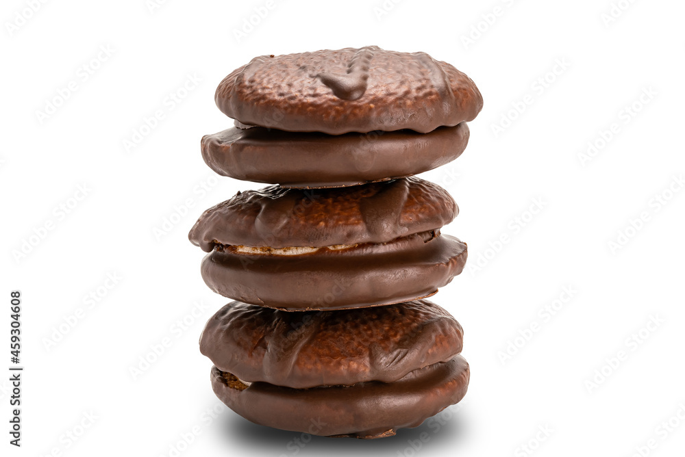 Tower of choco pie with marshmallow on white. Tower of choco pie with marshmallow on white.
