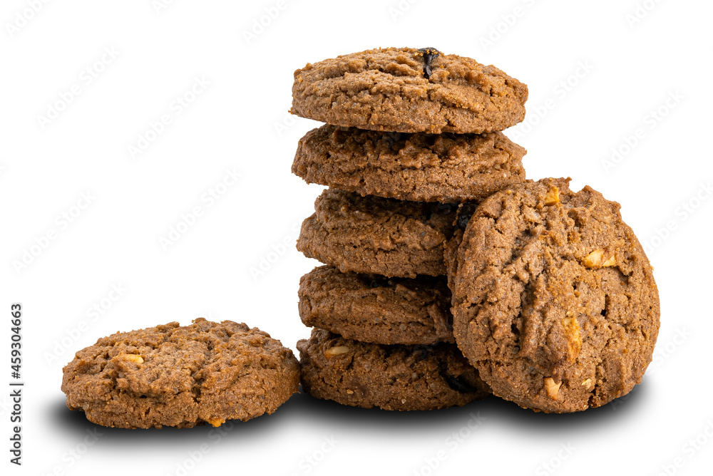 Stack of delicious chocolate chip butter cookies isolated on white background. Stack of delicious chocolate chip butter cookies isolated on white background.