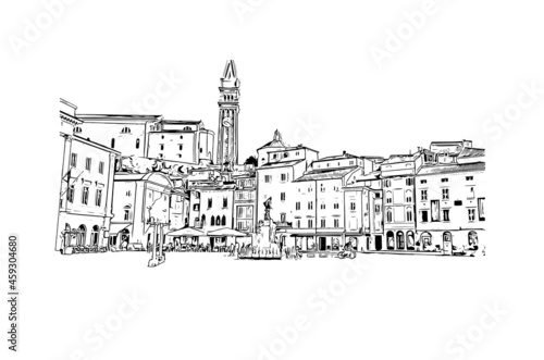 Building view with landmark of Koper is a port city in Slovenia. Hand drawn sketch illustration in vector.