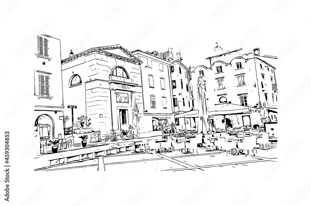 Building view with landmark of Koper is a port city in Slovenia. Hand drawn sketch illustration in vector.