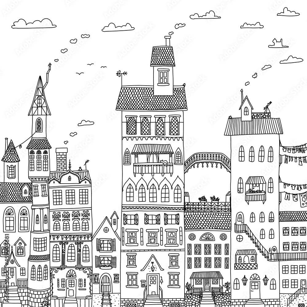 Coloring page: houses with many details 