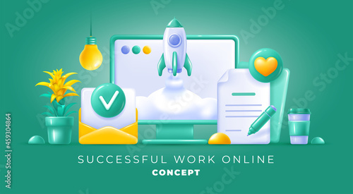 Desktop computer and items on the desktop at home or in the office. Rocket as concept of successful launching business project, work online, creative idea. 3d minimalist style. Vector illustration.