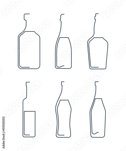 Bottle continuous line rum, champagne, whiskey, vodka, martini, vermouth in linear style on white background. Solid black thin outline. Modern flat style graphic design. Logo element illustration.