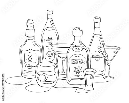 Bottle and glass whiskey vermouth tequila martini together in hand drawn style. Beverage outline icon. Restaurant illustration. Retro sketch. Line art. Isolated on white background.