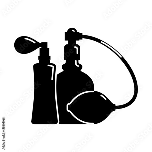Perfume bottle isolated icon on white background. Two glamour container glass or plastic. Flat style. Spray system. Illustration design in the form of black silhouette with thin white lines