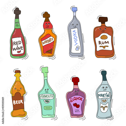 Red wine whiskey vodka rum beer vermouth liquor martini and with smile on white background. Cartoon sketch. Doodle style with black contour line. Cute hand drawn bottle. Party drinks concept. Freehand