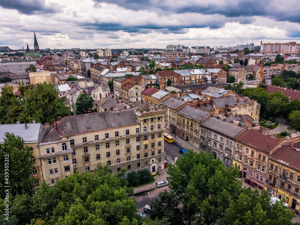 Lviv panorama Horodotskia street cloudy day Ukraine